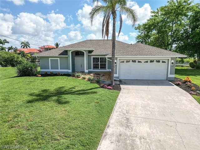 ranch-style home featuring a front yard and a garage