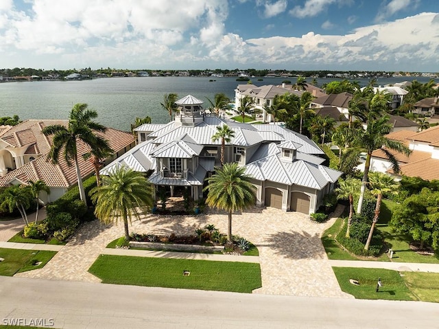 aerial view featuring a water view