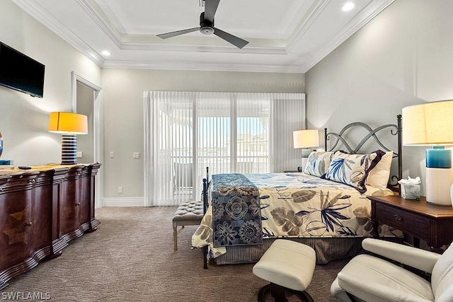 bedroom featuring a tray ceiling, access to exterior, ceiling fan, and carpet flooring