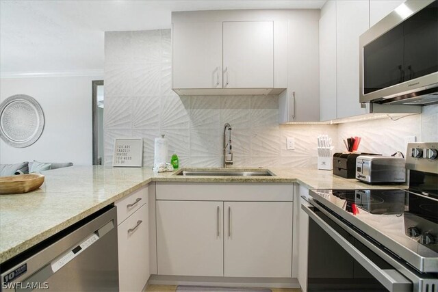 kitchen featuring backsplash, sink, appliances with stainless steel finishes, white cabinetry, and kitchen peninsula