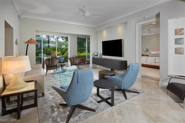 living room featuring crown molding and ceiling fan