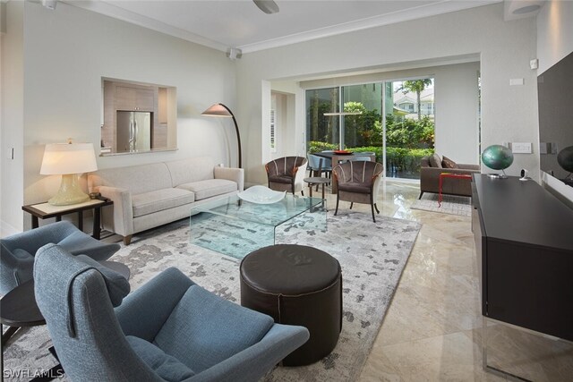 living room featuring ornamental molding