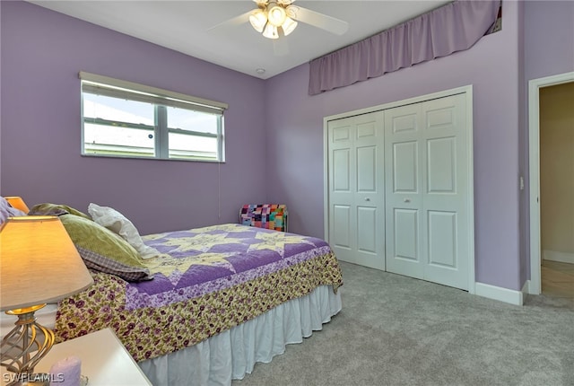 bedroom with a closet, carpet flooring, and ceiling fan