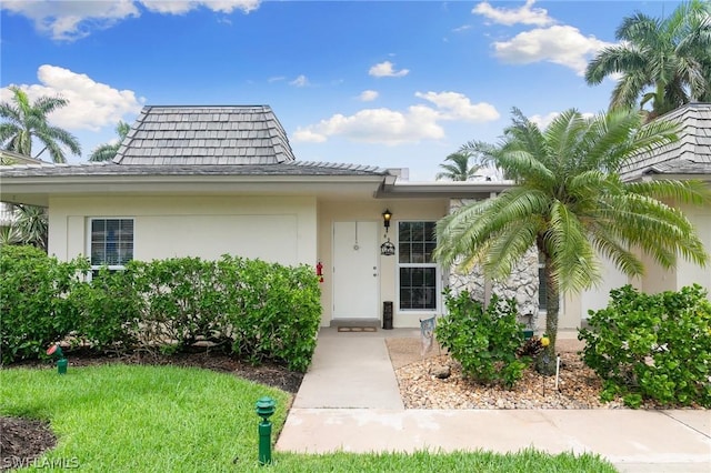 view of exterior entry featuring stucco siding