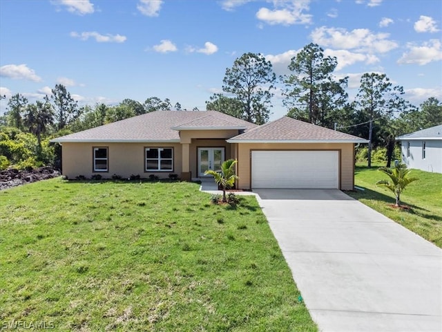 ranch-style home with french doors and a front lawn