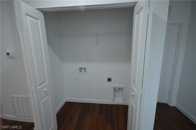 laundry room featuring hookup for an electric dryer, dark wood-type flooring, and washer hookup