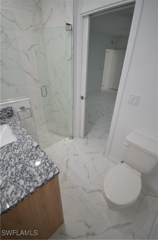 bathroom with vanity, toilet, and a shower with shower door