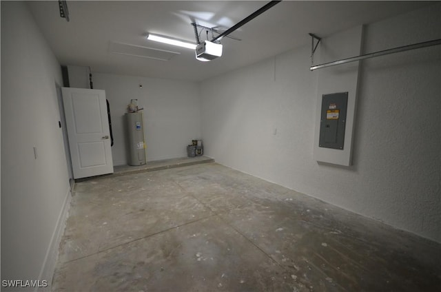 garage with water heater, a garage door opener, and electric panel