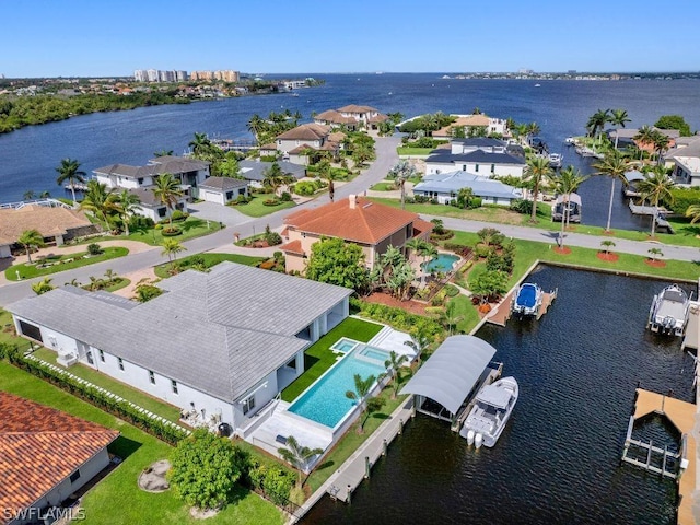 aerial view featuring a water view