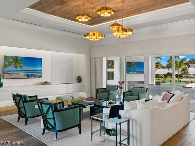 living room with wooden ceiling, a notable chandelier, a tray ceiling, and hardwood / wood-style floors