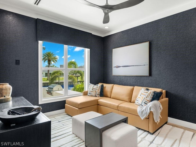 living room with ceiling fan