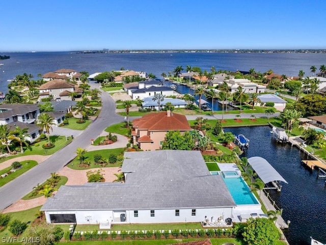 aerial view featuring a water view