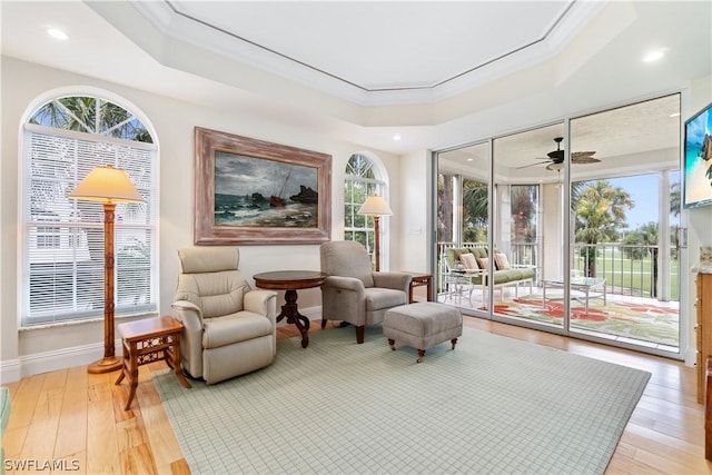 sitting room featuring wood-type flooring and a tray ceiling