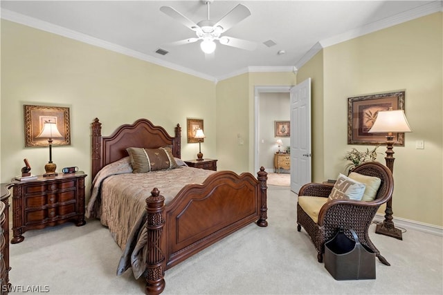 bedroom with baseboards, visible vents, crown molding, and light colored carpet