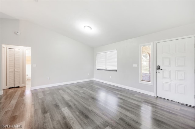 entryway featuring high vaulted ceiling and hardwood / wood-style flooring