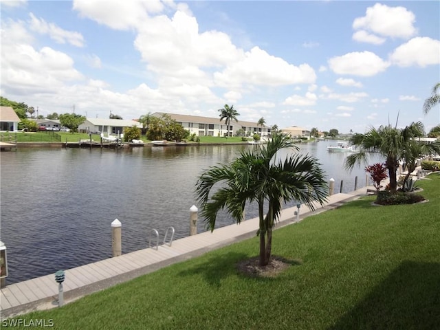 view of water feature with a dock