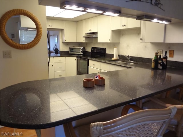 kitchen featuring sink, white cabinetry, a kitchen bar, kitchen peninsula, and electric range