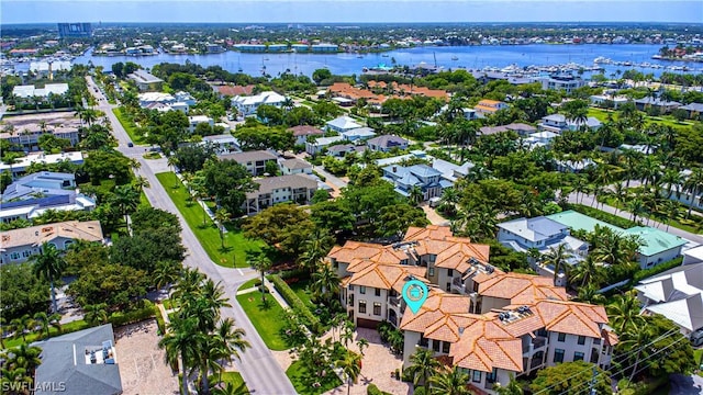 bird's eye view with a water view