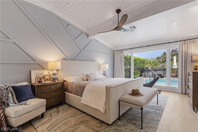 bedroom with wood ceiling, access to outside, vaulted ceiling, ceiling fan, and light hardwood / wood-style floors