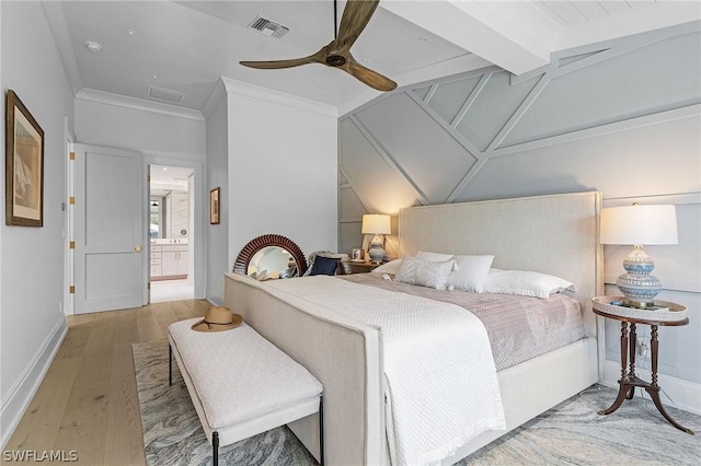 bedroom with light wood-type flooring, ceiling fan, and lofted ceiling