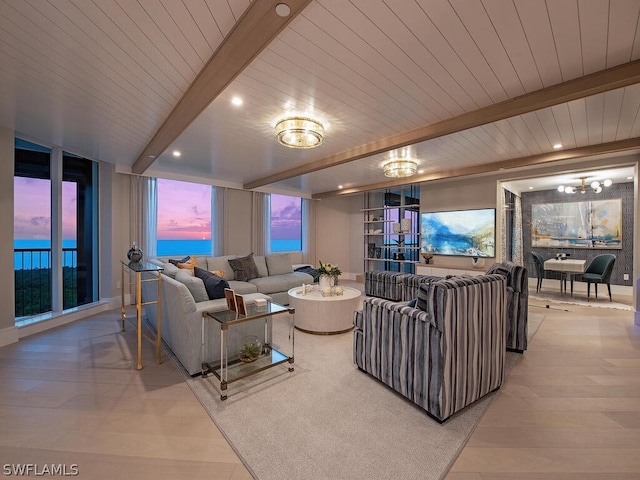 living room with beamed ceiling, wooden ceiling, and wood-type flooring