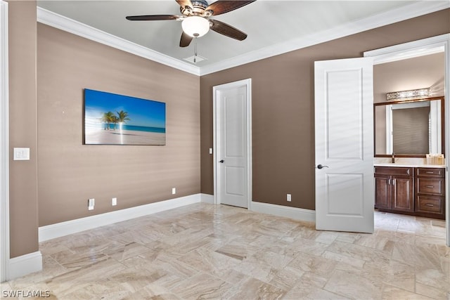 unfurnished bedroom featuring ceiling fan, sink, crown molding, and connected bathroom