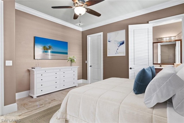 bedroom with ceiling fan, connected bathroom, and crown molding