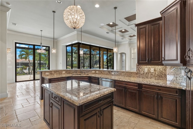 kitchen with tasteful backsplash, stone tile floors, coffered ceiling, ornamental molding, and a chandelier