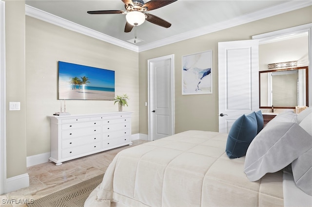 bedroom featuring ornamental molding, baseboards, and a ceiling fan