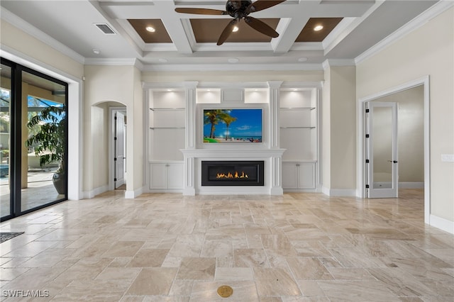 unfurnished living room with coffered ceiling, visible vents, and a high ceiling