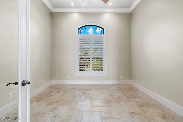 unfurnished room featuring recessed lighting, crown molding, baseboards, and ceiling fan