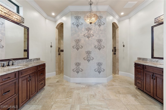 full bath with baseboards, walk in shower, a sink, and crown molding