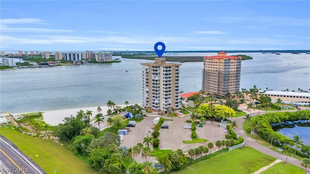 aerial view featuring a city view and a water view