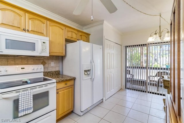 kitchen featuring pendant lighting, white appliances, ceiling fan with notable chandelier, decorative backsplash, and light tile patterned floors