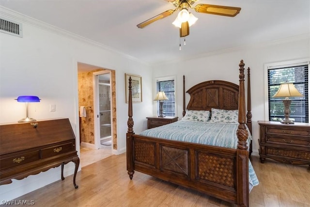 bedroom with ensuite bath, ceiling fan, crown molding, and light hardwood / wood-style floors