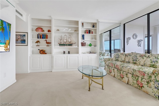 living room featuring light colored carpet