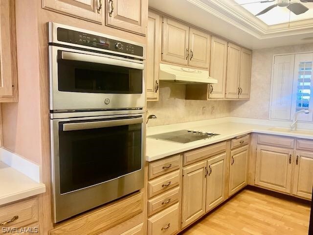 kitchen featuring double oven, ceiling fan, a raised ceiling, sink, and black electric stovetop