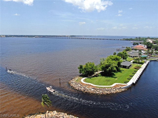 drone / aerial view featuring a water view