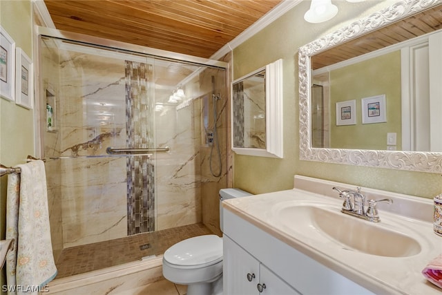 bathroom featuring wooden ceiling, toilet, vanity, ornamental molding, and an enclosed shower