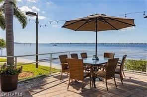 view of patio / terrace featuring a water view