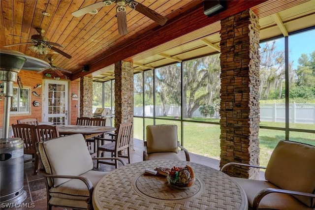 sunroom / solarium featuring wood ceiling, ceiling fan, and beam ceiling