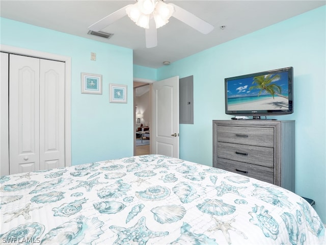 bedroom featuring electric panel, a closet, and ceiling fan