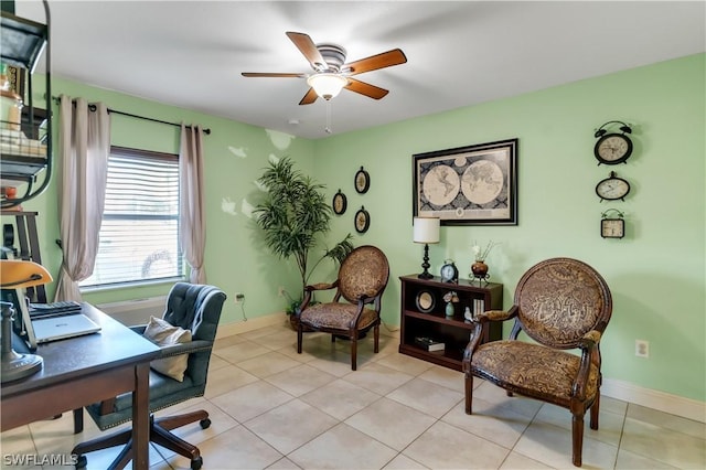 tiled home office with ceiling fan