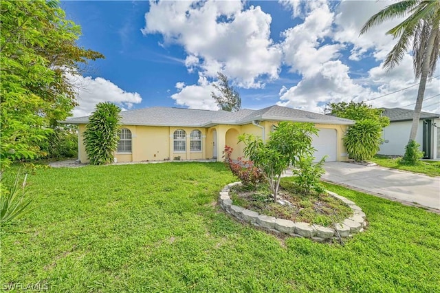 ranch-style house with a garage and a front lawn