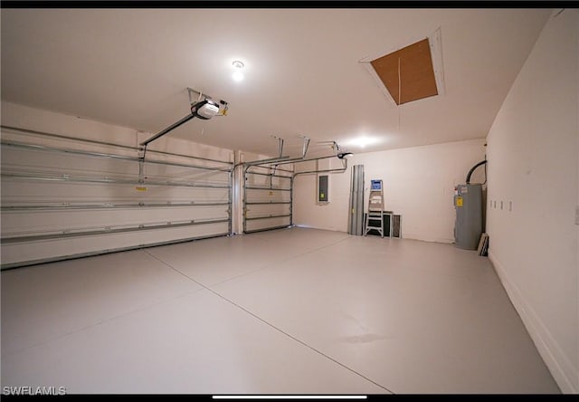 garage with a garage door opener, electric panel, and water heater