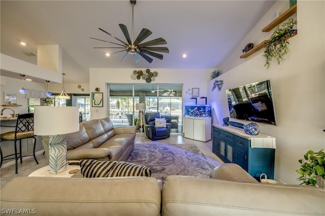 living room featuring ceiling fan