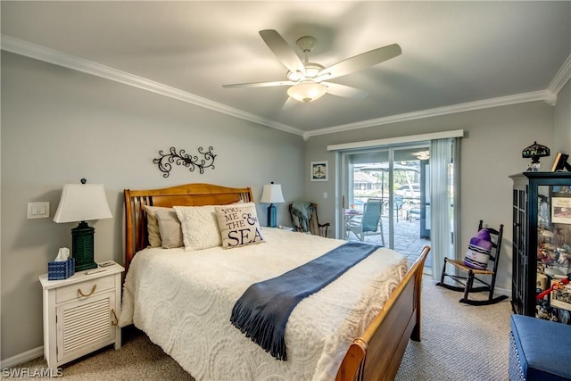 bedroom featuring access to outside, carpet floors, ceiling fan, and crown molding