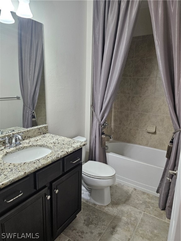 full bathroom featuring vanity, toilet, and shower / bathtub combination with curtain