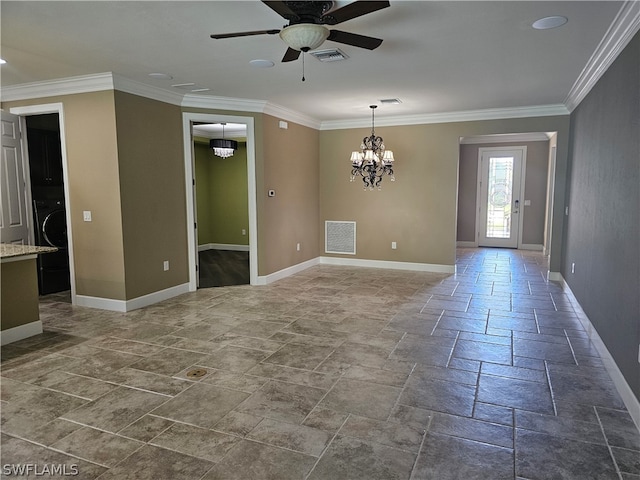 empty room with ceiling fan with notable chandelier, crown molding, and washer / clothes dryer