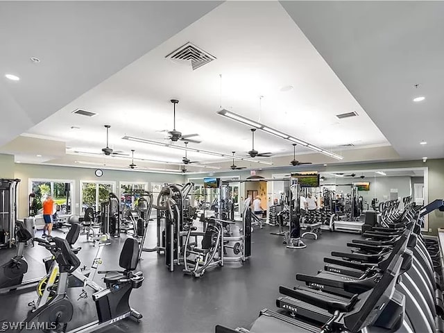 workout area with ceiling fan